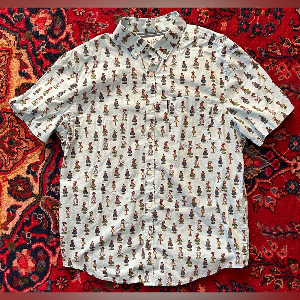 Men’s Original Penguin Size Large Short Sleeve Button Down Light Blue Hula Girl